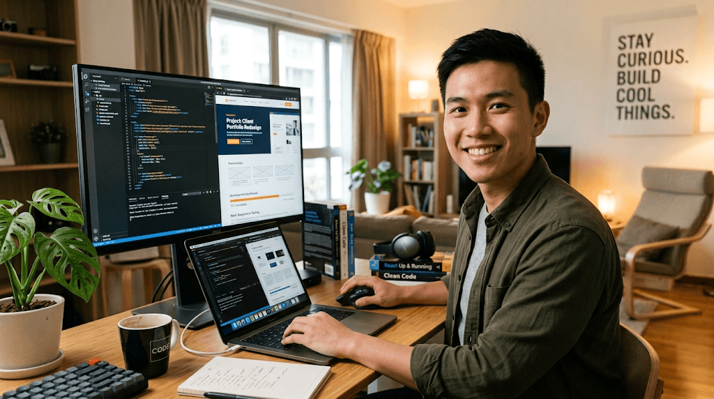 JB smiling at a desk with a dual-monitor development setup in a bright home office