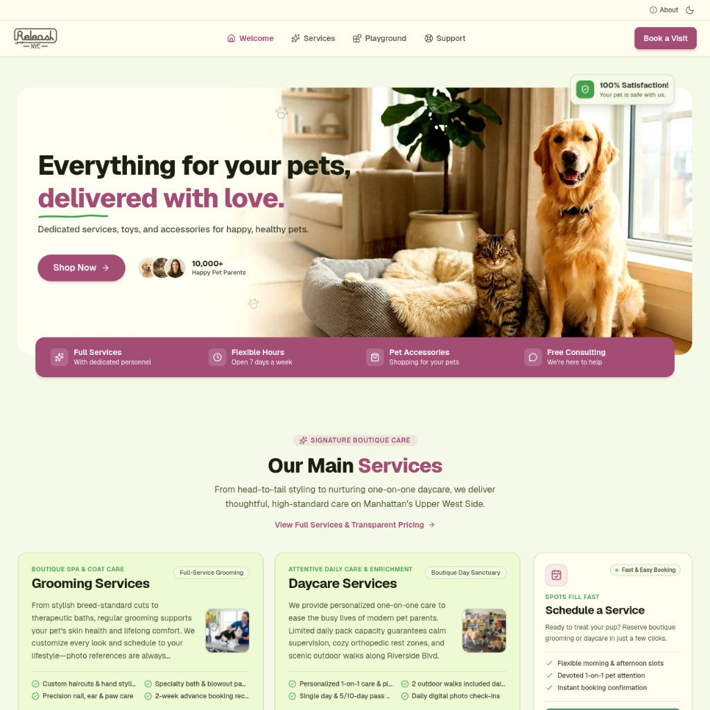 Releash NYC home page showing the boutique pet care hero showcase, services overview, and booking options.